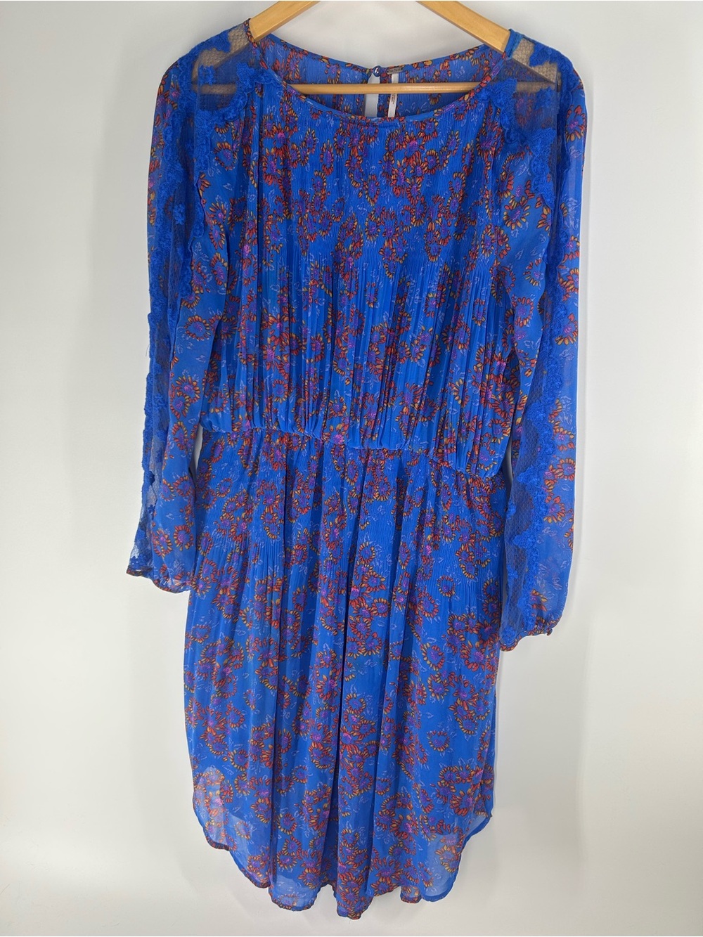 Free People Cobalt Blue Floral Long-Sleeve Pleated Dress